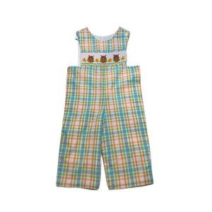 Three Sisters Boys Orange Green Blue Plaid Longalls Smocked Owls 9M